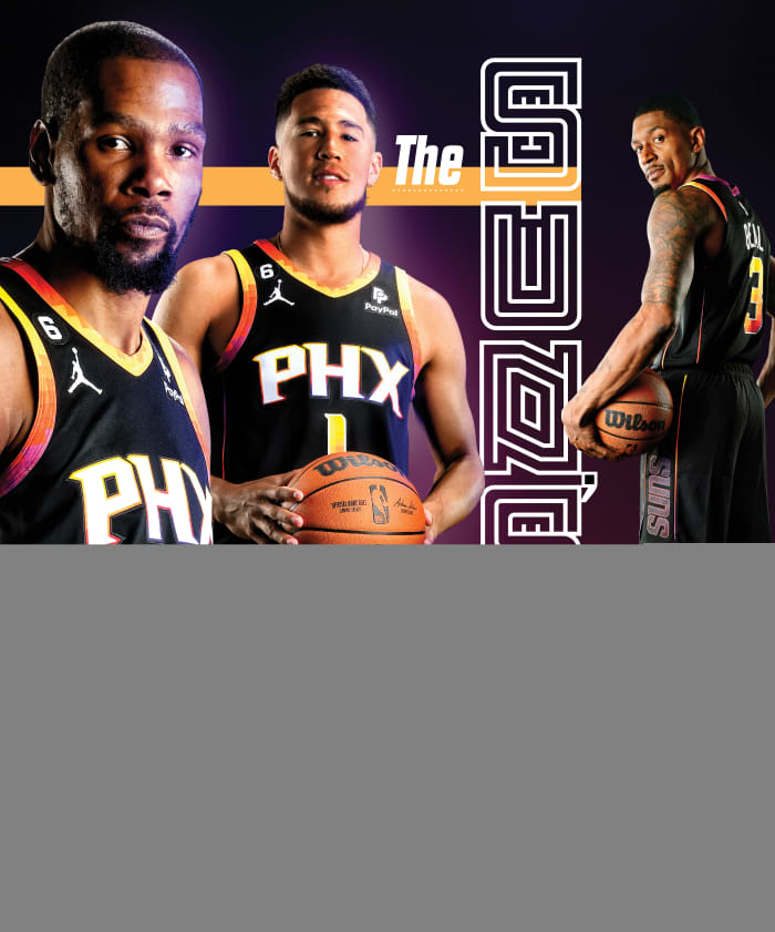 Kevin Durant, Bradley Beal and Devin Booker pose in a graphic headlined “The Suns’ Splurge” for a Sports Illustrated Daily Cover.